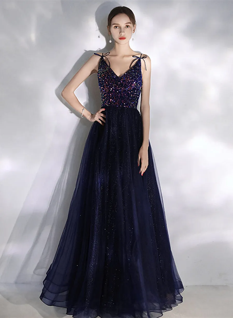 Navy Blue V-neckline Sequins and Tulle Party Dress, A-line Blue Prom Dress