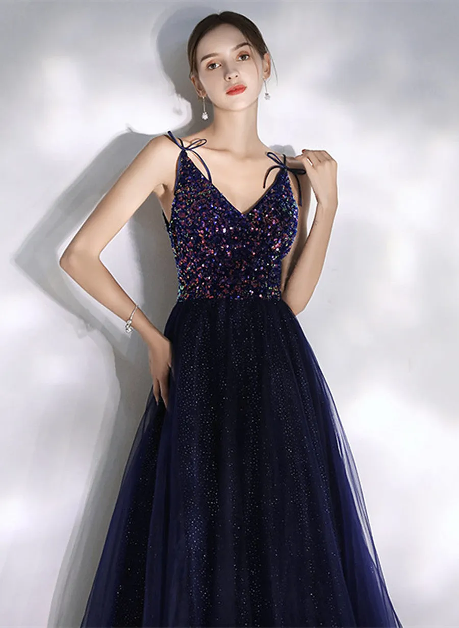 Navy Blue V-neckline Sequins and Tulle Party Dress, A-line Blue Prom Dress