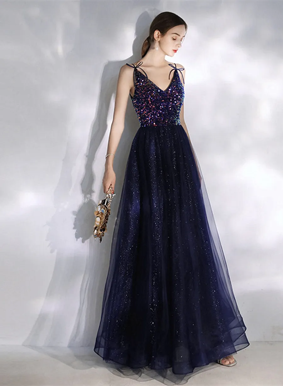 Navy Blue V-neckline Sequins and Tulle Party Dress, A-line Blue Prom Dress