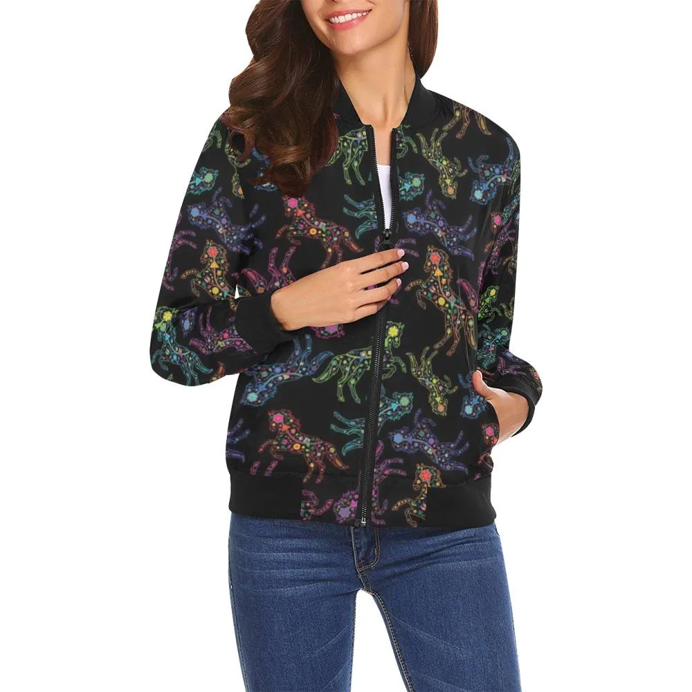 Neon Floral Horse Bomber Jacket for Women