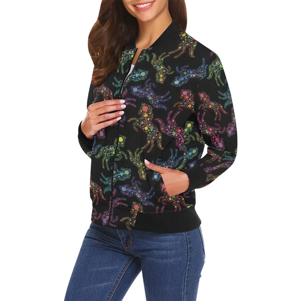 Neon Floral Horse Bomber Jacket for Women