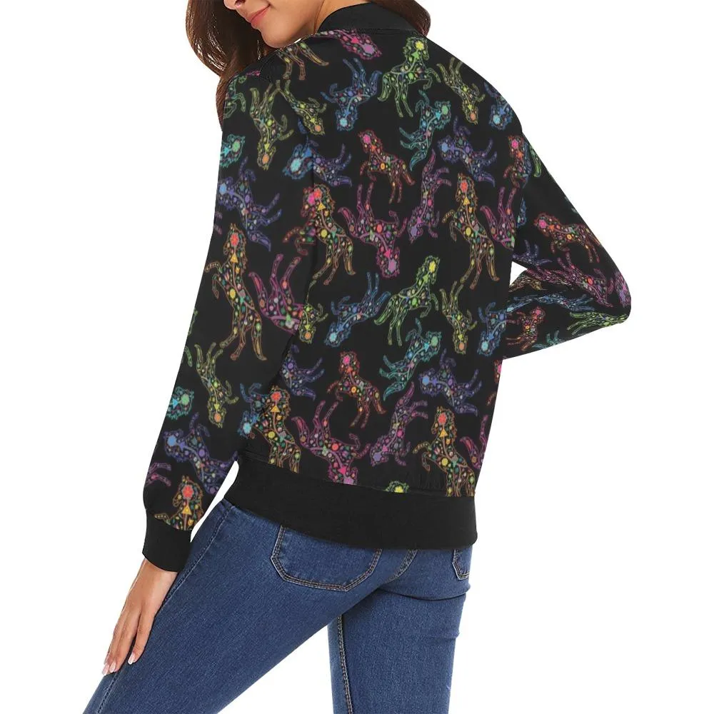 Neon Floral Horse Bomber Jacket for Women