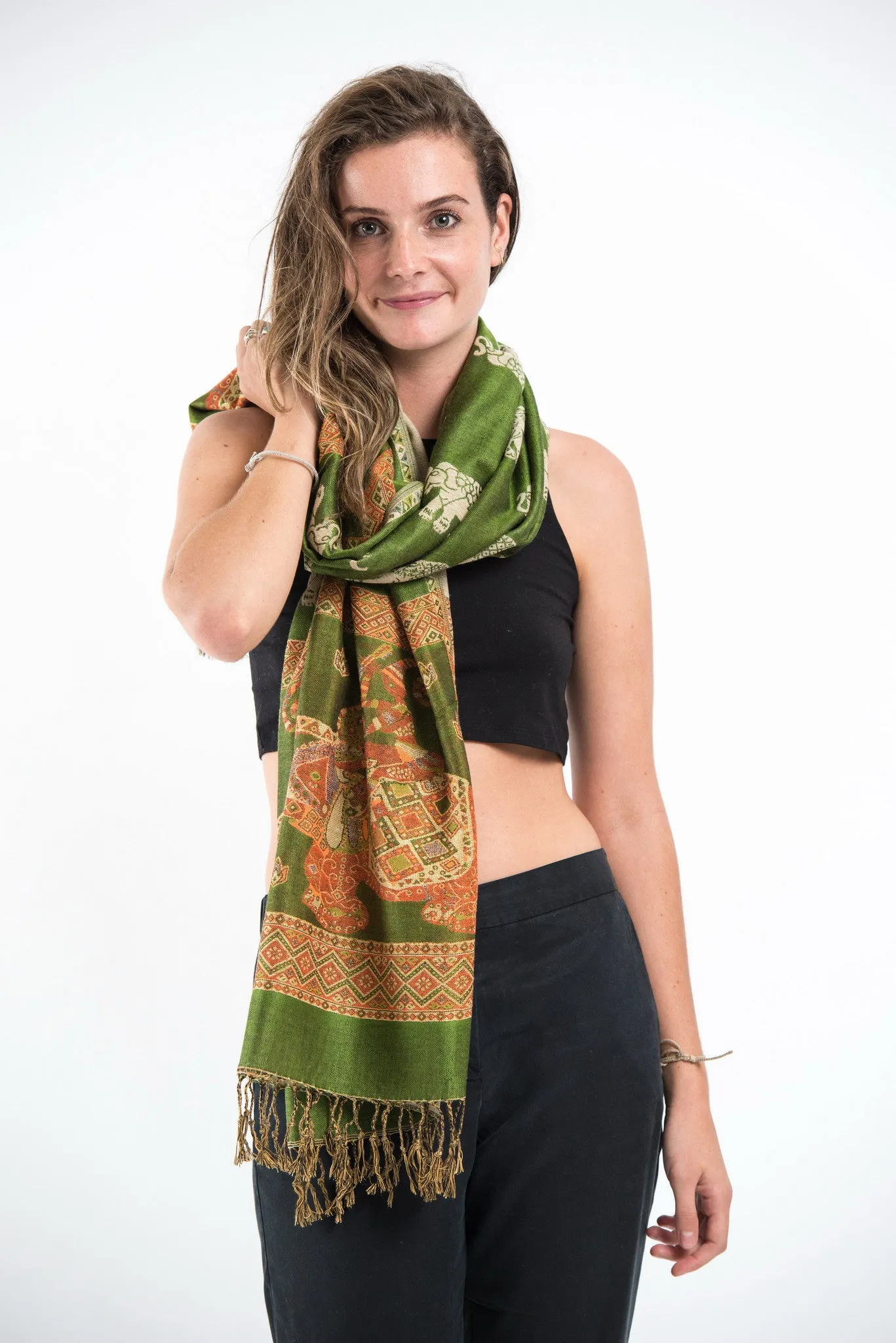 Nepal Elephant Pashmina Shawl Scarf in Green