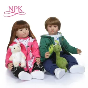 NPK 60CM high quality soft silicone reborn toddler girl doll in hoodie dress bebe doll reborn long hair doll 6-9M real baby size