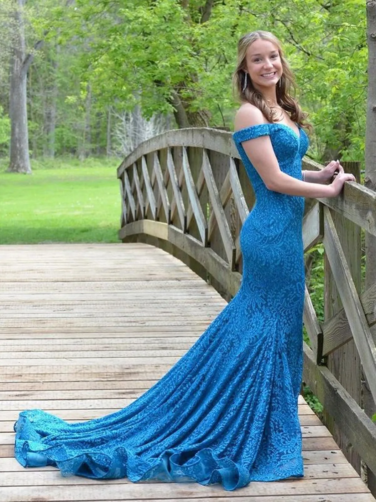 Off Shoulder Mermaid Blue Lace Long Prom Dresses, Mermaid Blue Formal Dresses, Blue Lace Evening Dresses