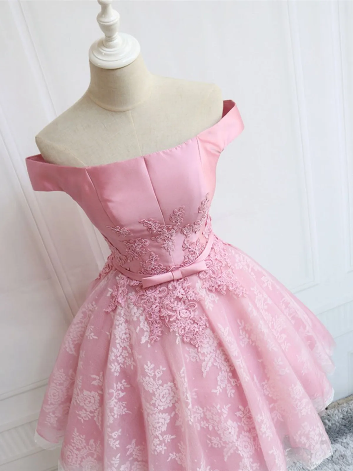 Off the Shoulder Short Pink Lace Prom, Off Shoulder Pink Homecoming, Short Pink Formal Evening