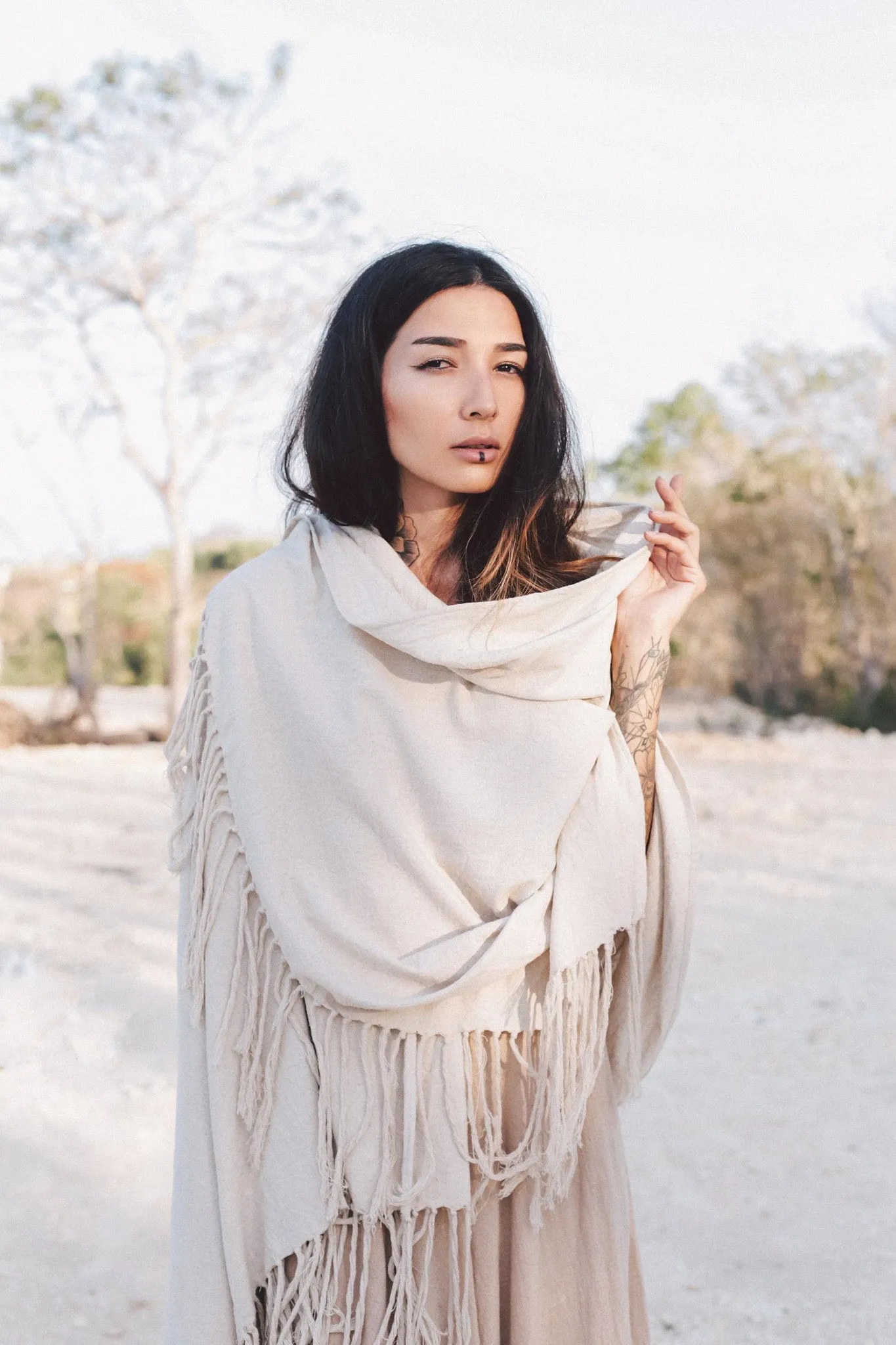 Off-White Cotton Long Boho Shawl - Scarf