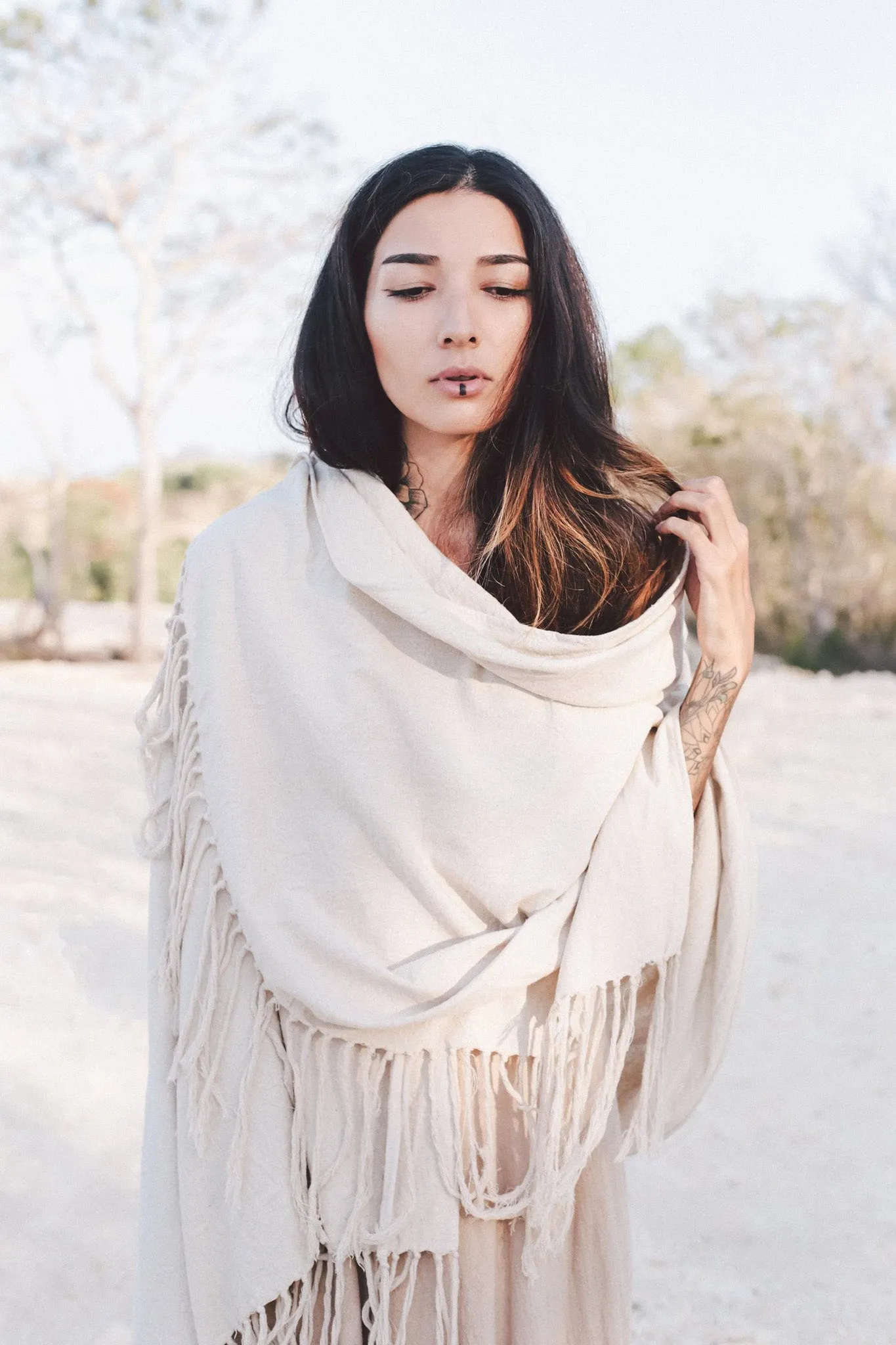 Off-White Cotton Long Boho Shawl - Scarf