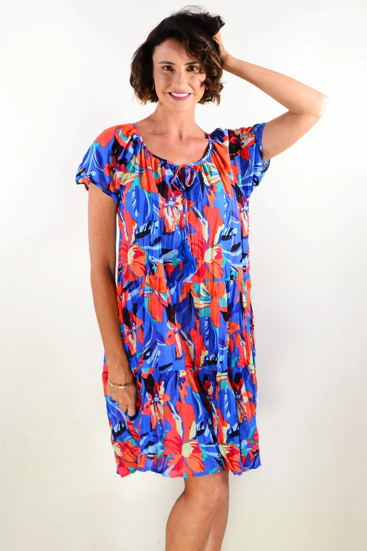 Orange Blue Poppy Cap Sleeve Dress