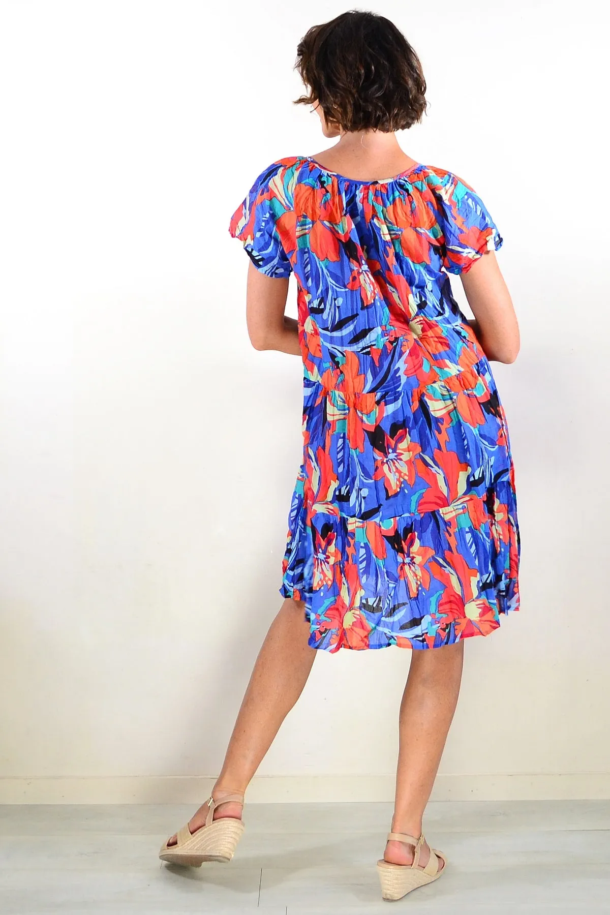 Orange Blue Poppy Cap Sleeve Dress