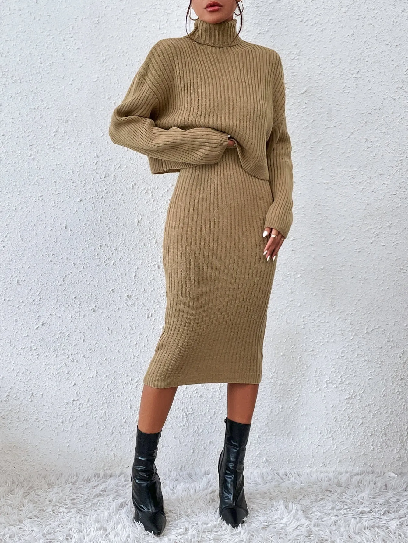 Parien Turtleneck Drop Shoulder Sweater & Knit Skirt