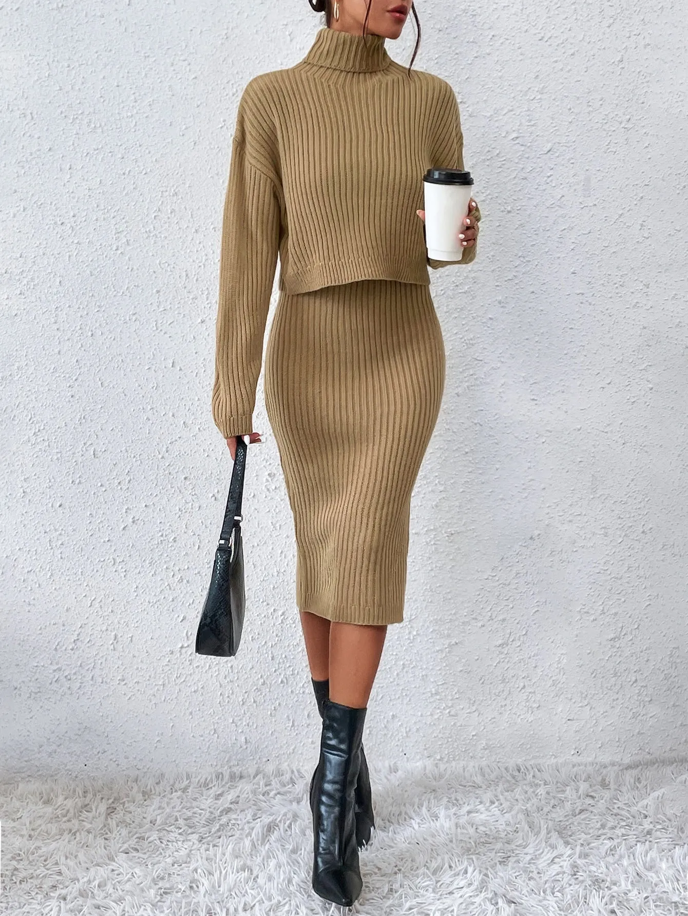 Parien Turtleneck Drop Shoulder Sweater & Knit Skirt