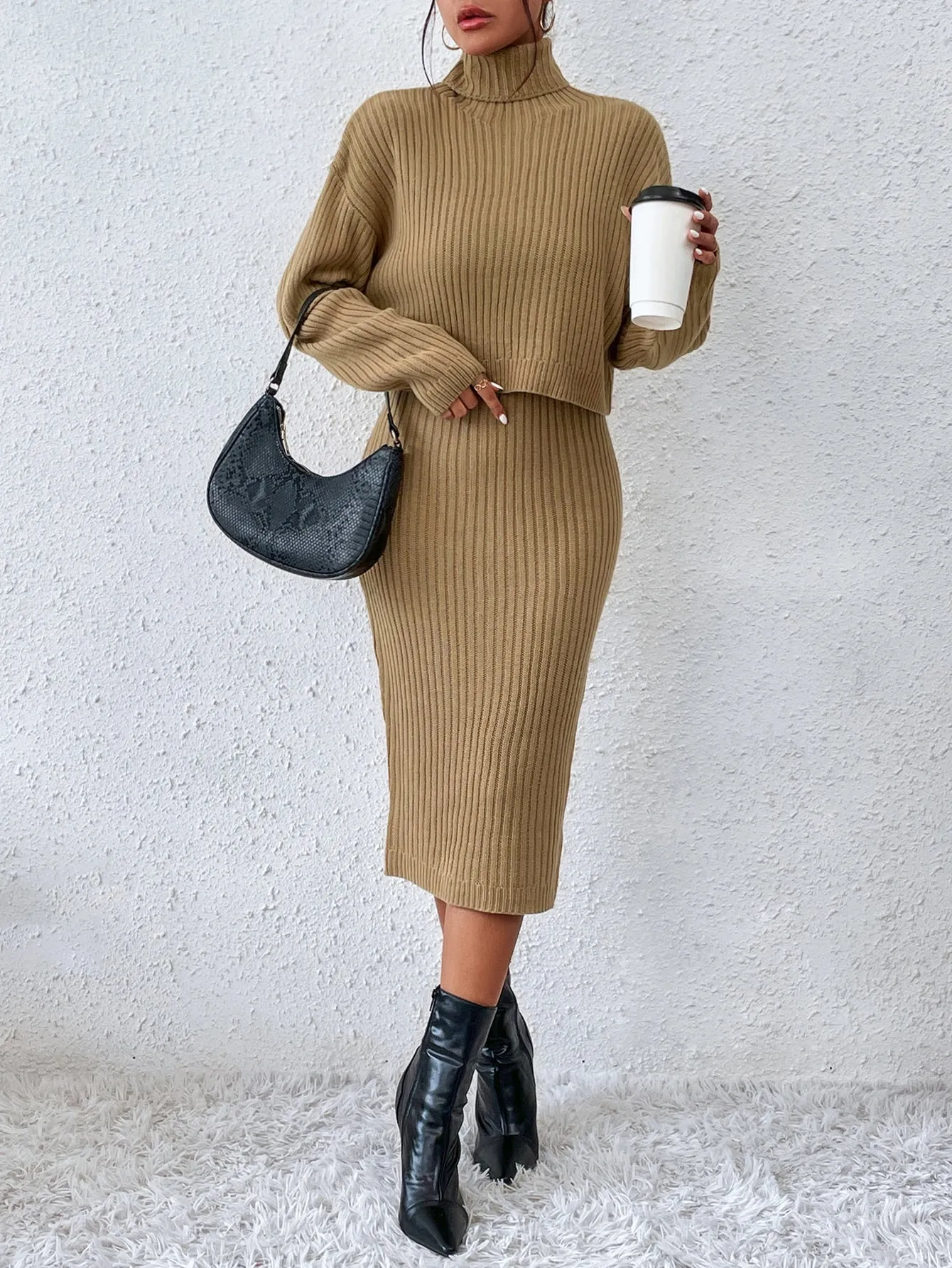 Parien Turtleneck Drop Shoulder Sweater & Knit Skirt