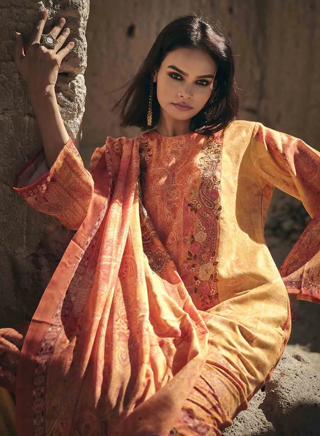 Pashmina Orange Winter Salwar Suits Dress Material for Ladies