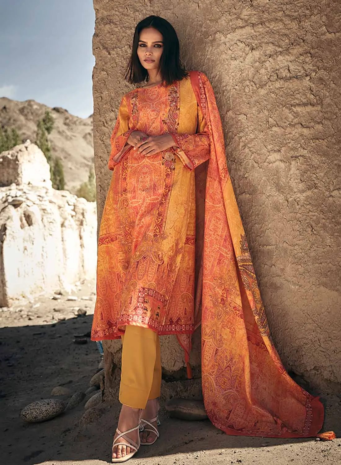 Pashmina Orange Winter Salwar Suits Dress Material for Ladies