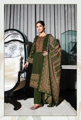 Pashmina Unstitched Green Winter Suits Set with Neck Embroidery