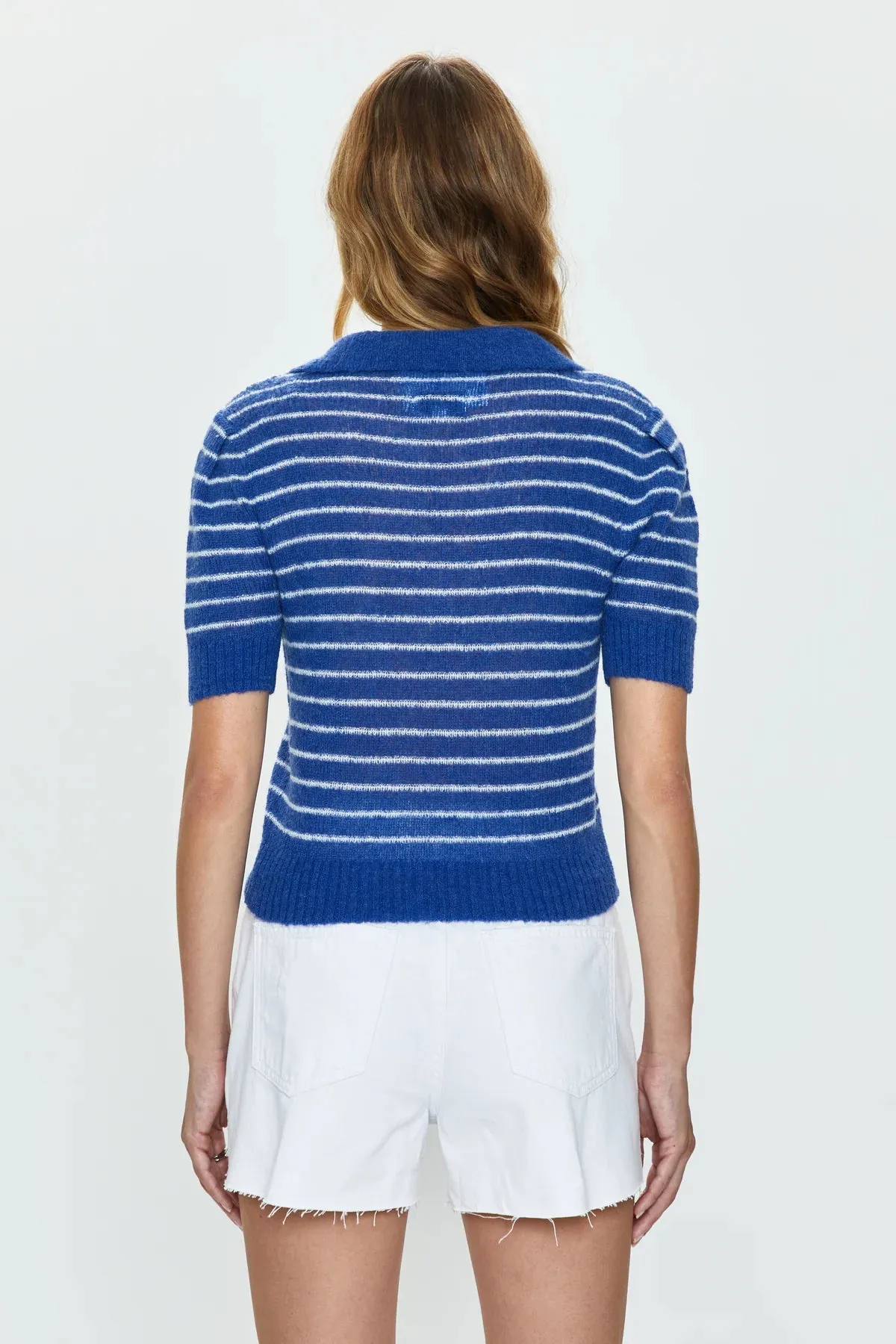 PIS Billie Pleat Short Sleeve Stripe Sweater Polo in Blue