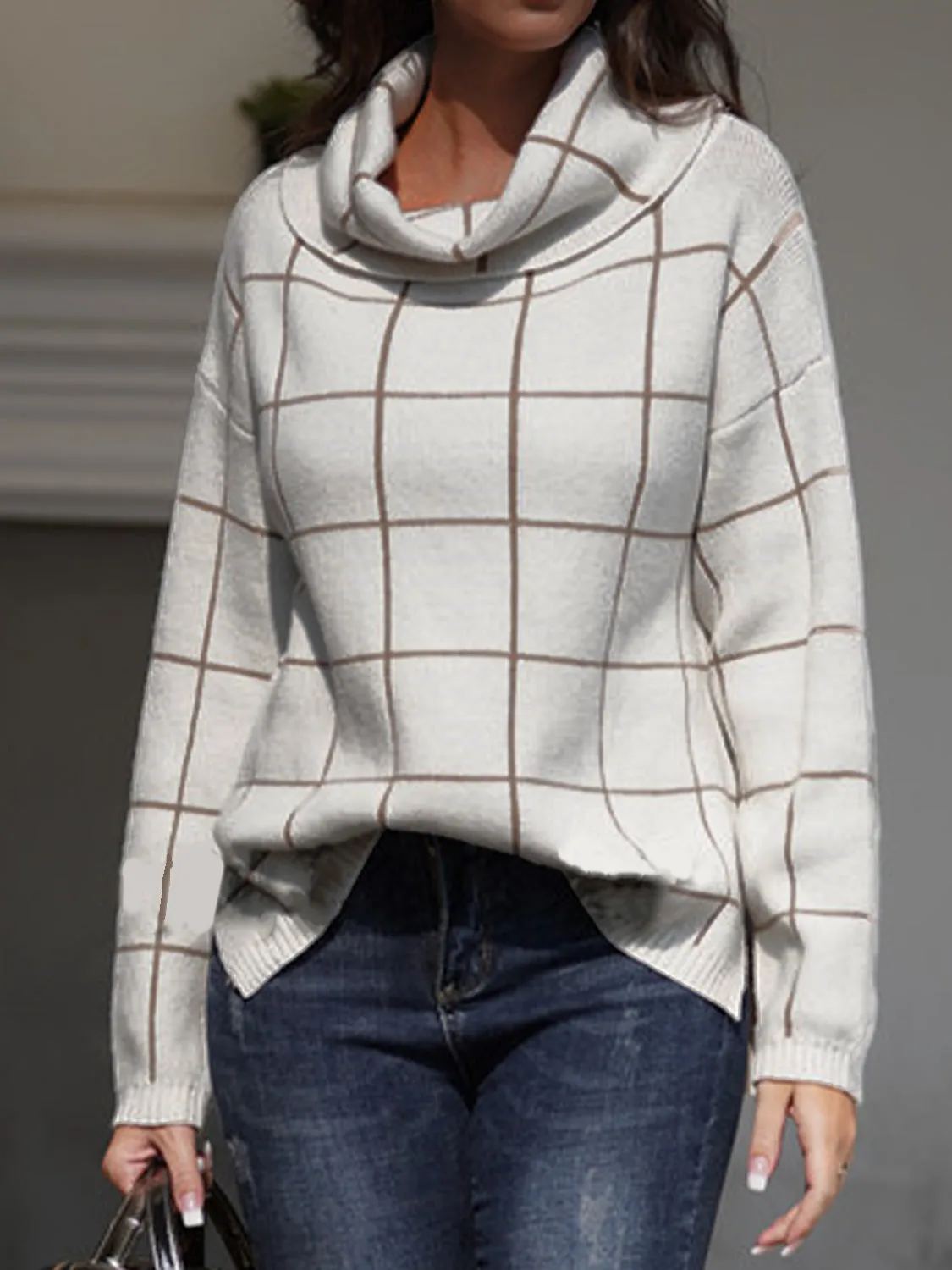 Plaid Turtleneck Drop Shoulder Sweater