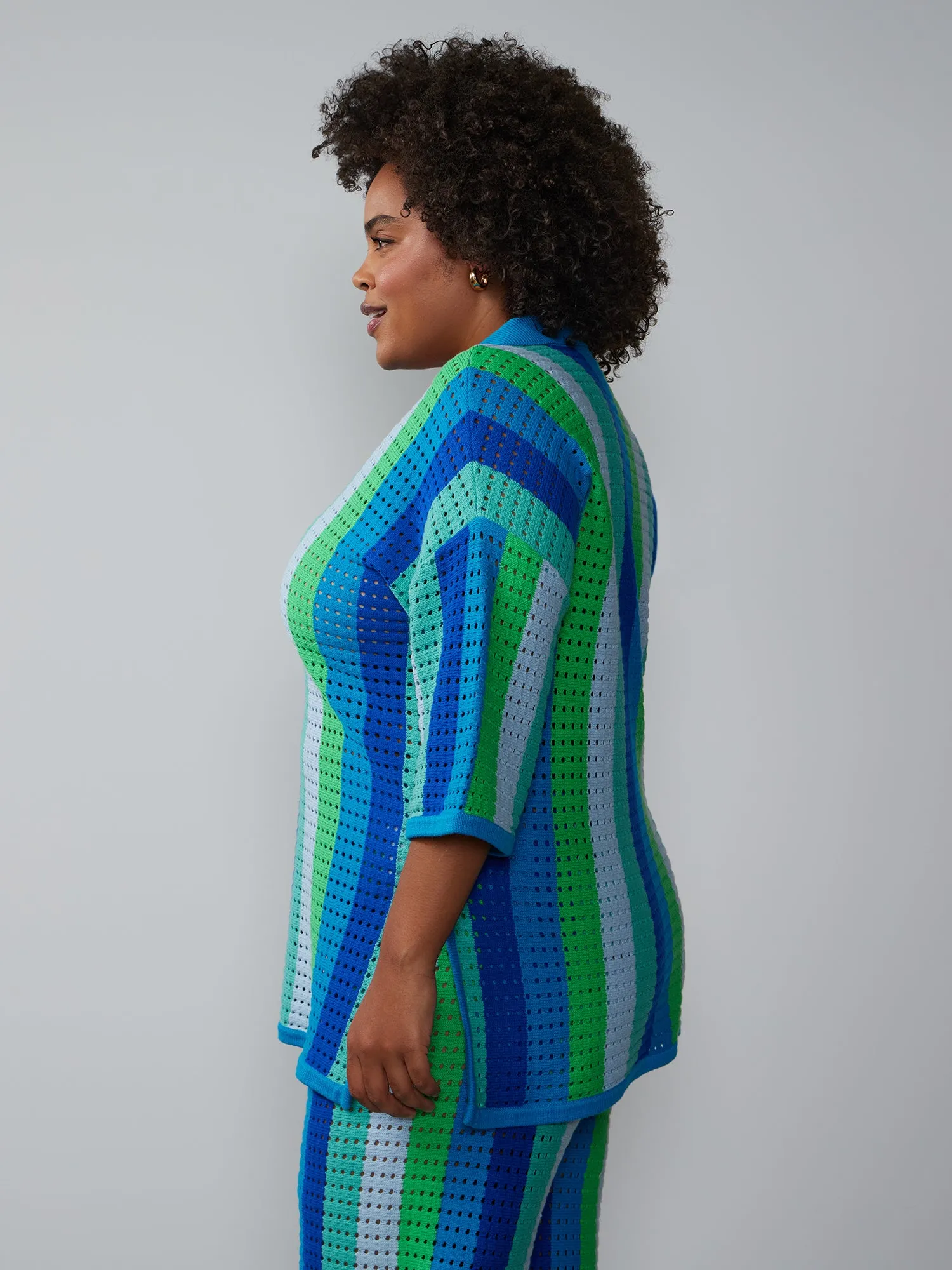 Plus Collared Crochet Striped Tunic