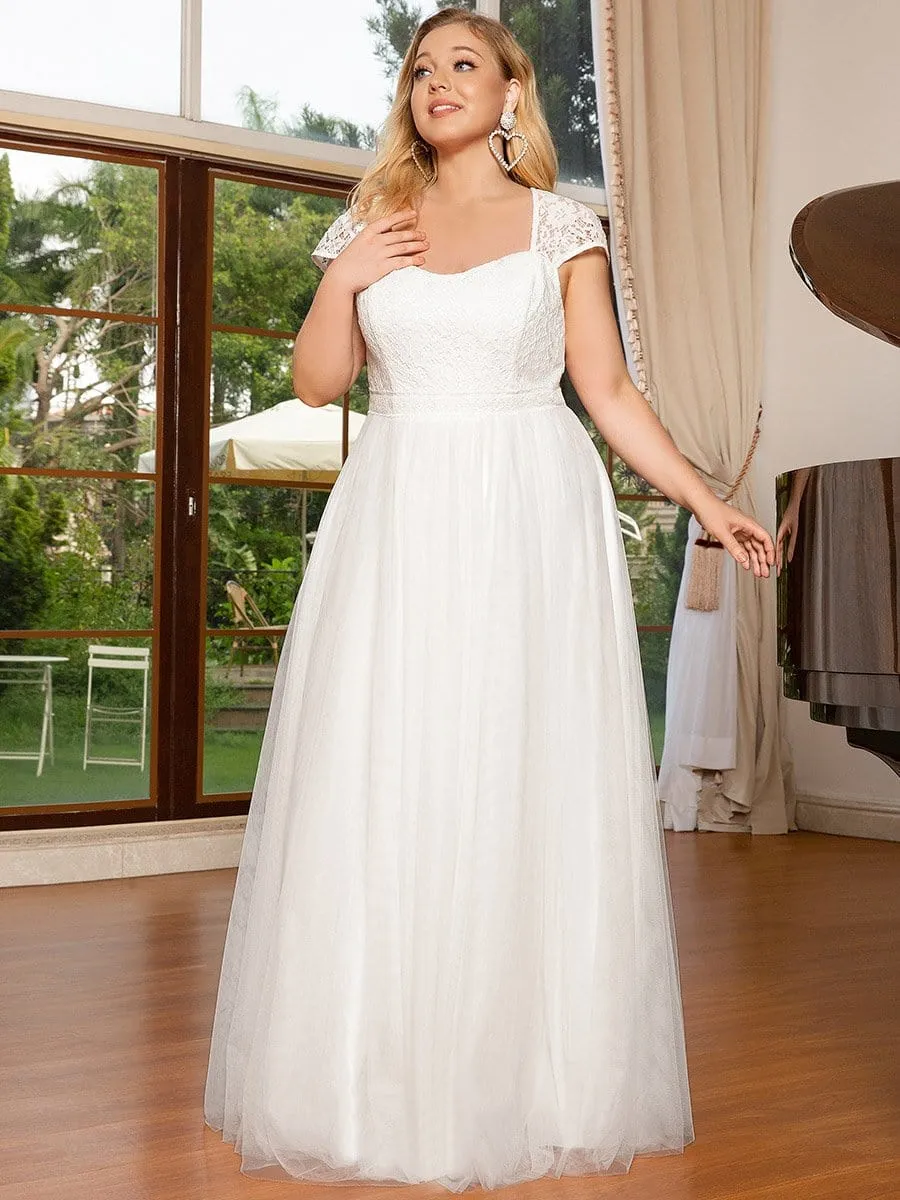 Plus Size Capped Sleeve A-Line Lace Wedding Dress