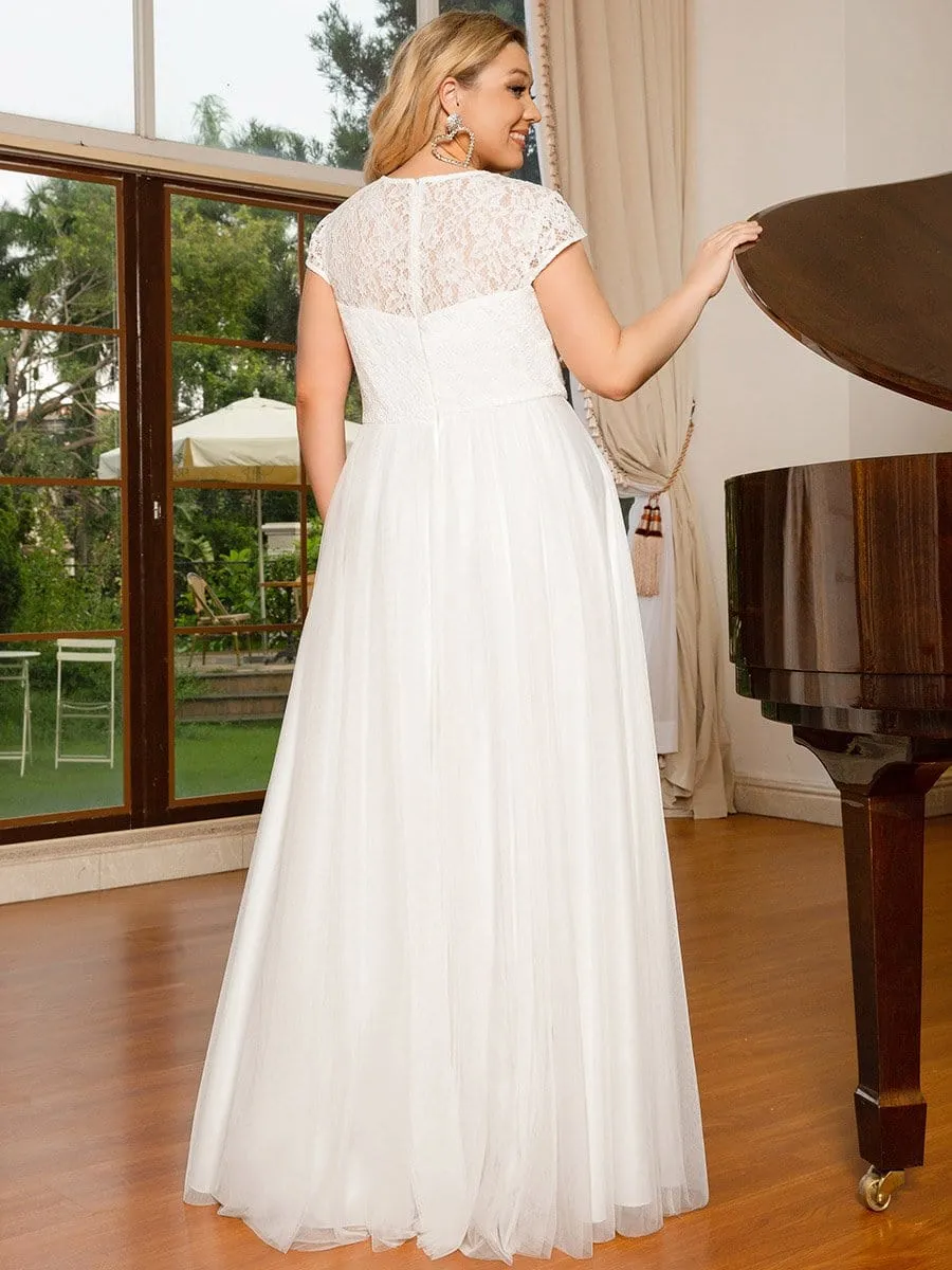 Plus Size Capped Sleeve A-Line Lace Wedding Dress