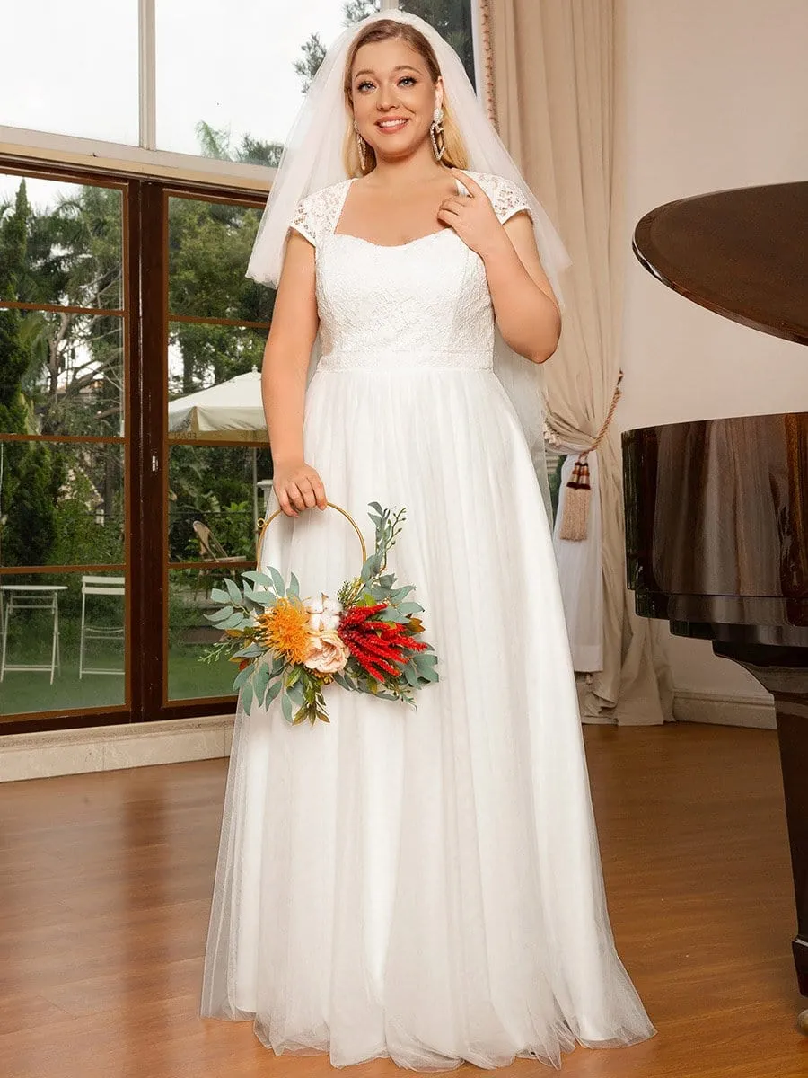 Plus Size Capped Sleeve A-Line Lace Wedding Dress