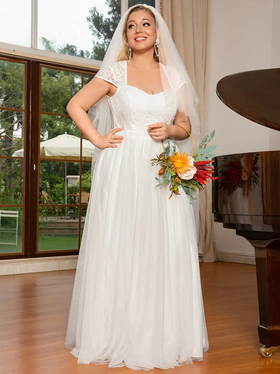 Plus Size Capped Sleeve A-Line Lace Wedding Dress