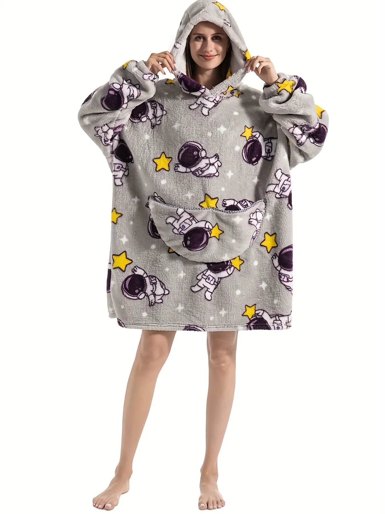 Plus Size Cozy Shark Pattern Fluffy Fleece Wearable Blanket - Soft, Warm, and Oversized with Giant Pockets for Ultimate Comfort - Womens Cute Long Sleeve Hooded Nightgown for Cold Nights