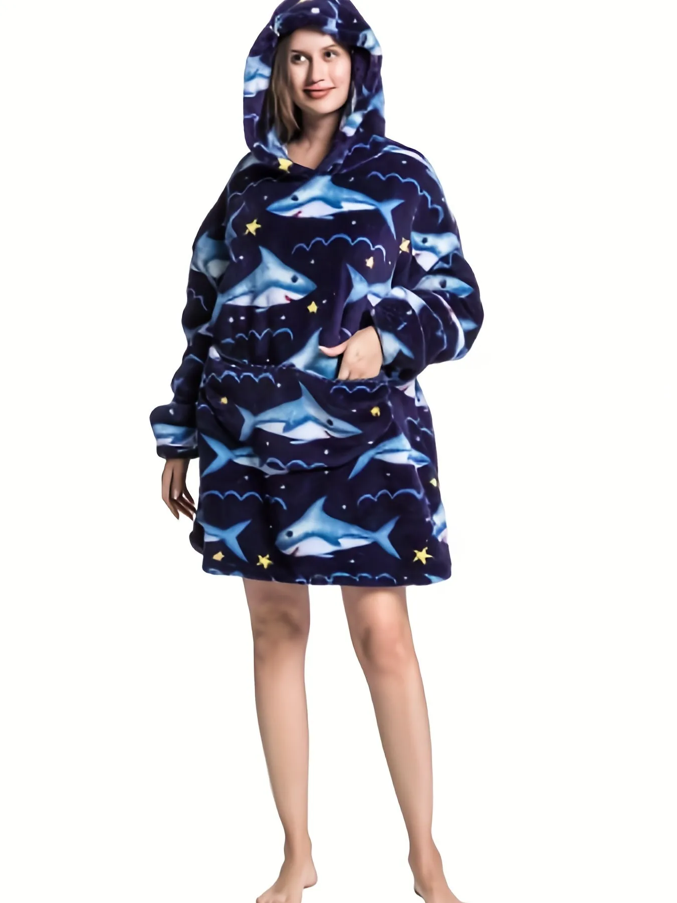 Plus Size Cozy Shark Pattern Fluffy Fleece Wearable Blanket - Soft, Warm, and Oversized with Giant Pockets for Ultimate Comfort - Womens Cute Long Sleeve Hooded Nightgown for Cold Nights