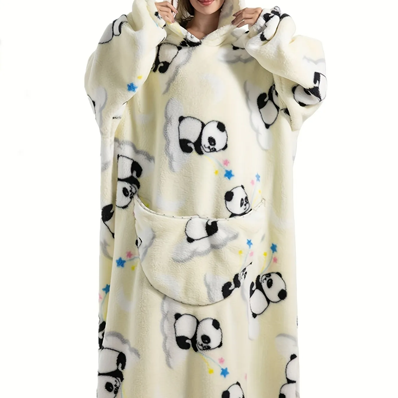 Plus Size Cute Nightgown, Women's Plus Puppy Print Long Sleeve Cozy Flannel Hooded Wearable Blanket With Pockets