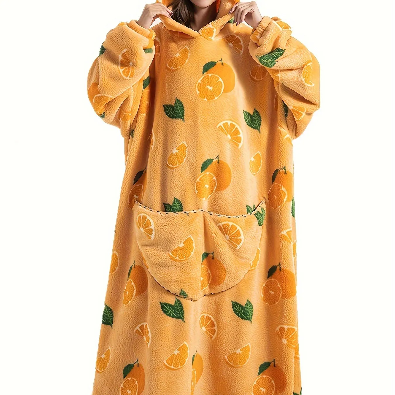 Plus Size Cute Nightgown, Women's Plus Puppy Print Long Sleeve Cozy Flannel Hooded Wearable Blanket With Pockets