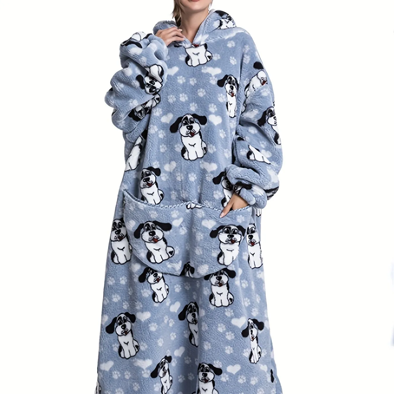 Plus Size Cute Nightgown, Women's Plus Puppy Print Long Sleeve Cozy Flannel Hooded Wearable Blanket With Pockets