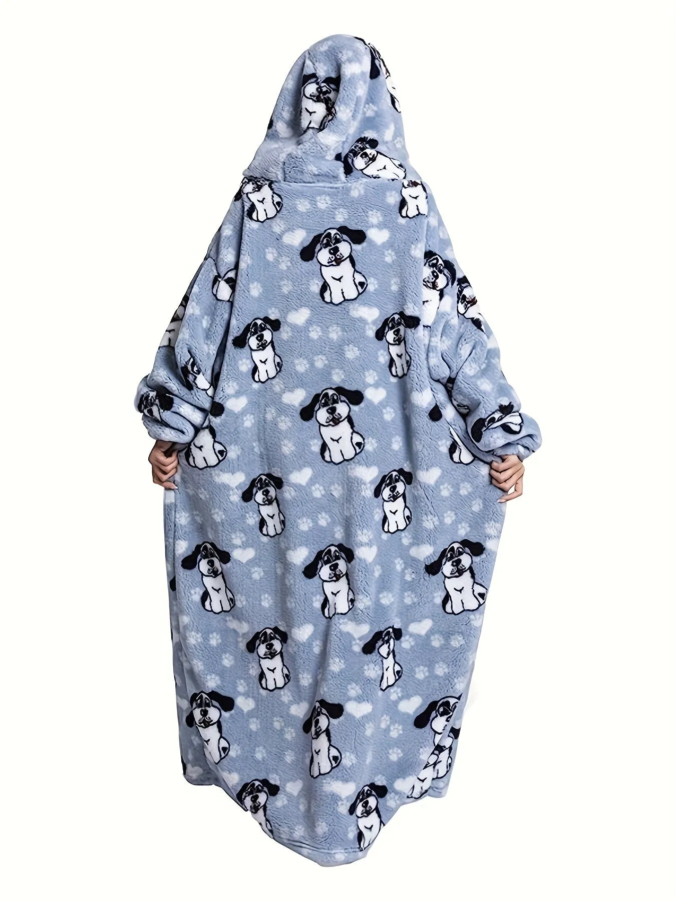 Plus Size Dog Print Flannel Blanket Hoodie, Winter Soft And Cozy Plush Hooded Outwear, Women's Plus Size Clothing