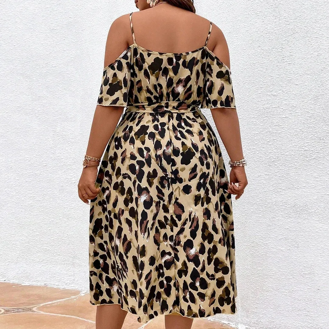 Plus Size Leopard Print Cold Shoulder Dress Casual Short Sleeve Slit Belted Dress For Spring & Summer Women's Plus Size Clothing