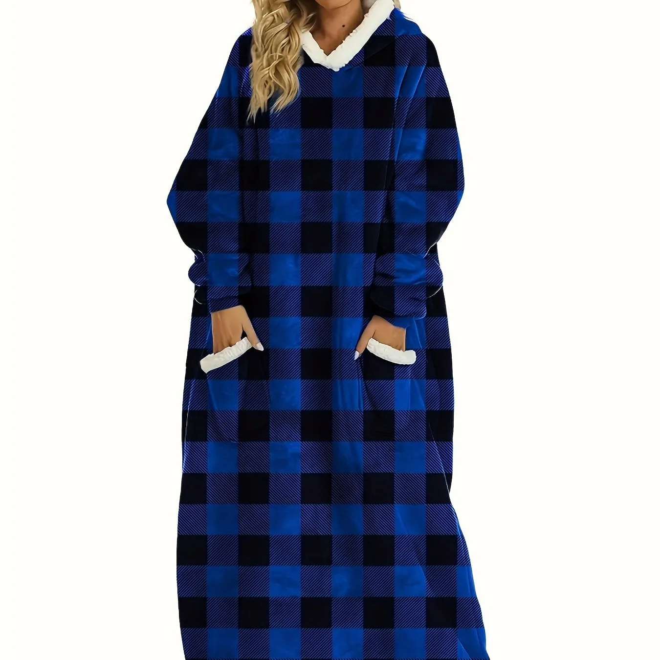 Plus Size Womens Flannel Loungewear Robe - Super Soft Hooded Wearable Blanket with Pockets for Cozy Casual Days