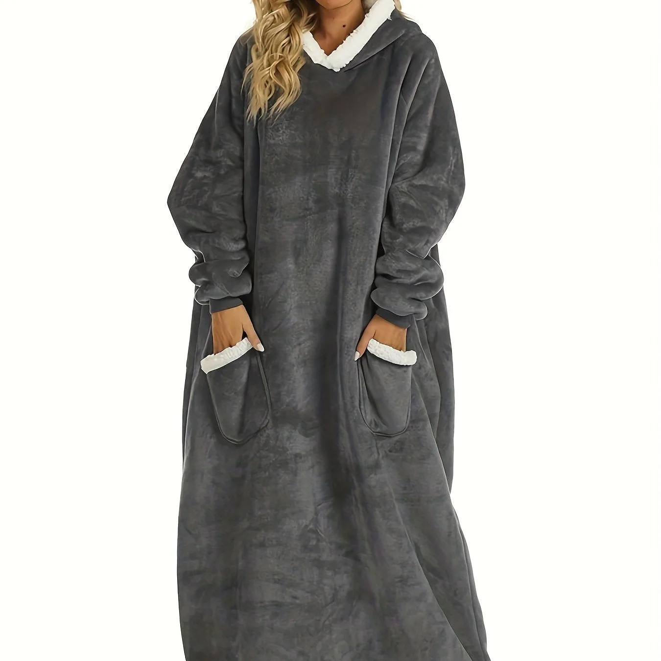 Plus Size Womens Flannel Loungewear Robe - Super Soft Hooded Wearable Blanket with Pockets for Cozy Casual Days