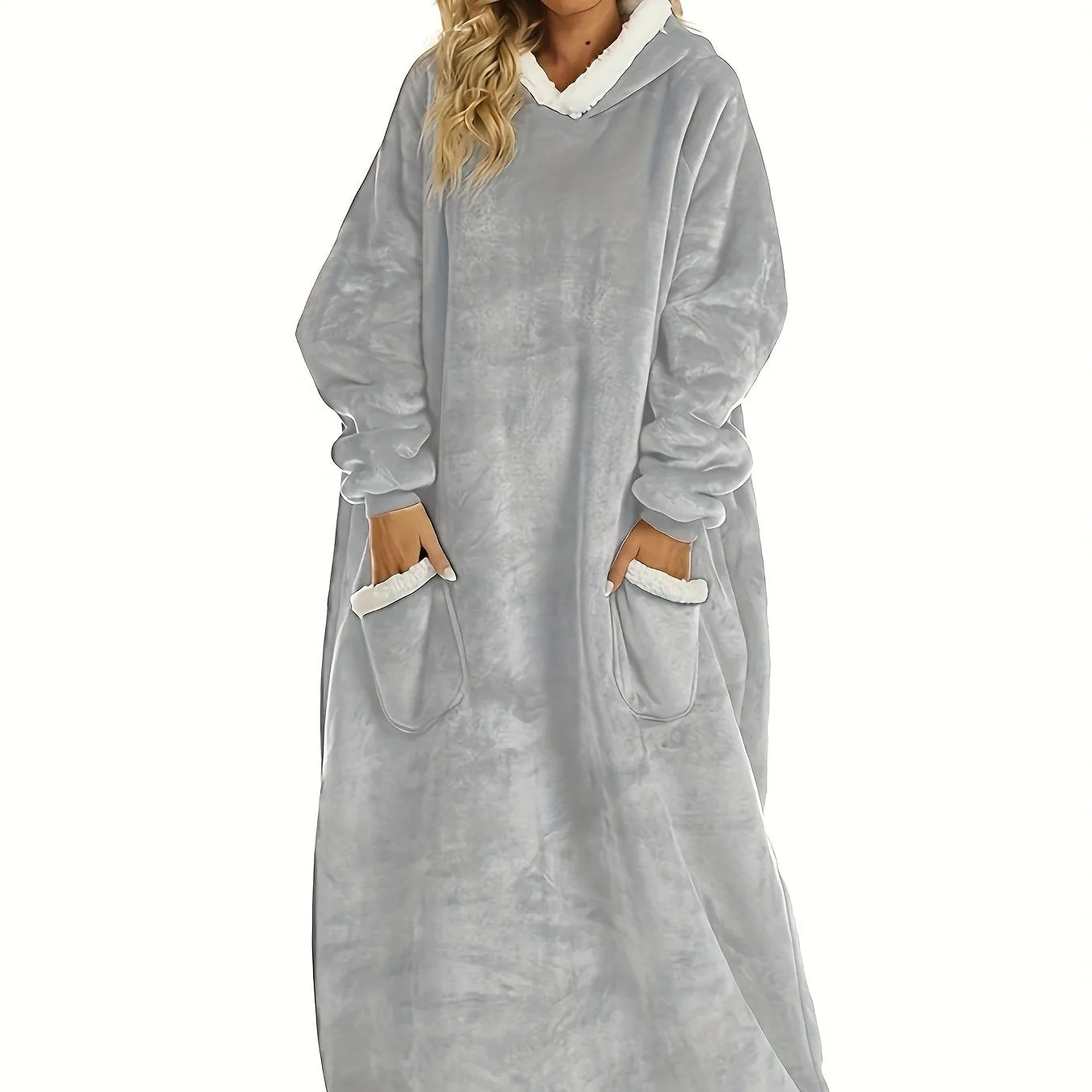 Plus Size Womens Flannel Loungewear Robe - Super Soft Hooded Wearable Blanket with Pockets for Cozy Casual Days