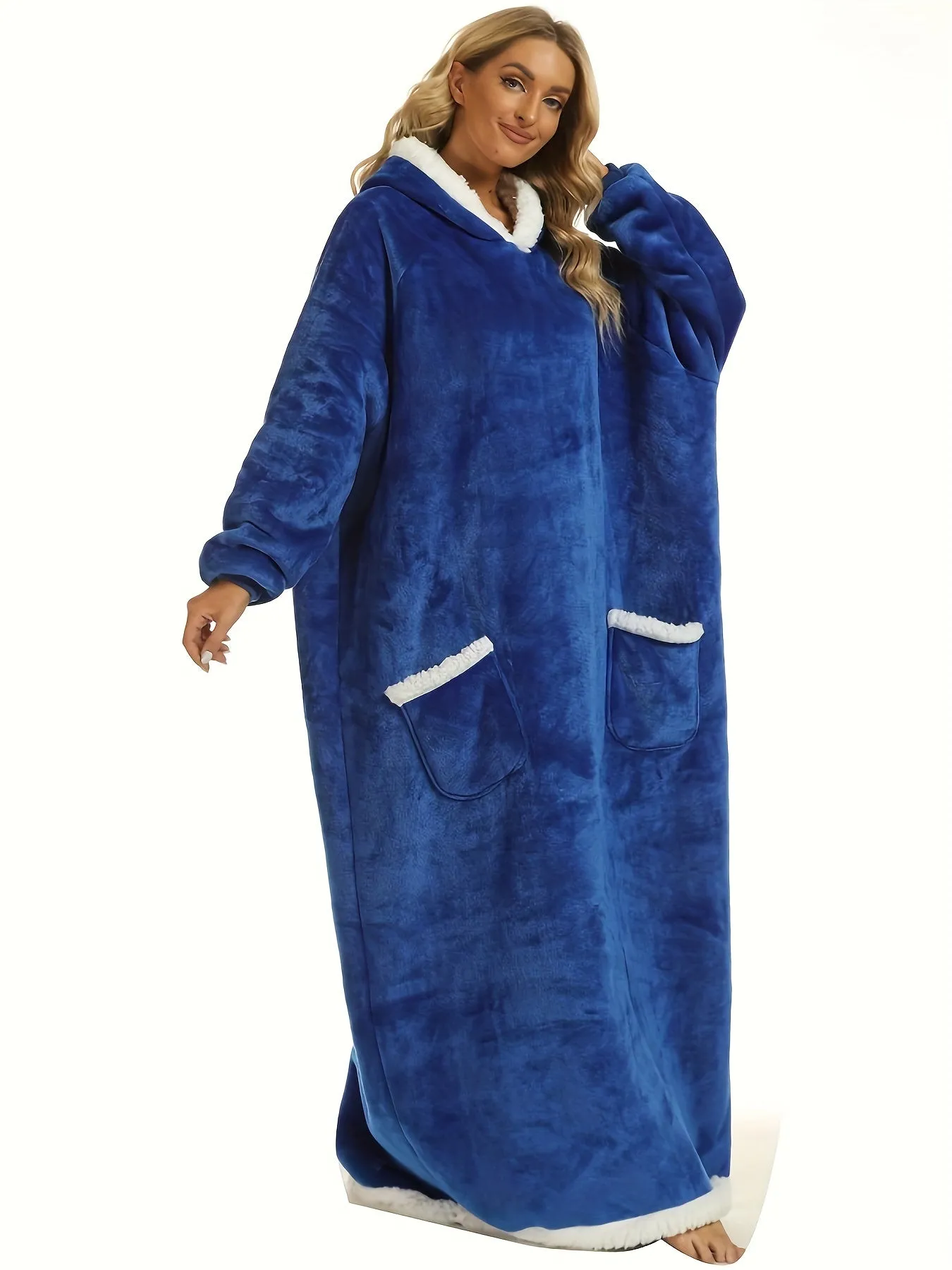 Plus Size Womens Flannel Loungewear Robe - Super Soft Hooded Wearable Blanket with Pockets for Cozy Casual Days