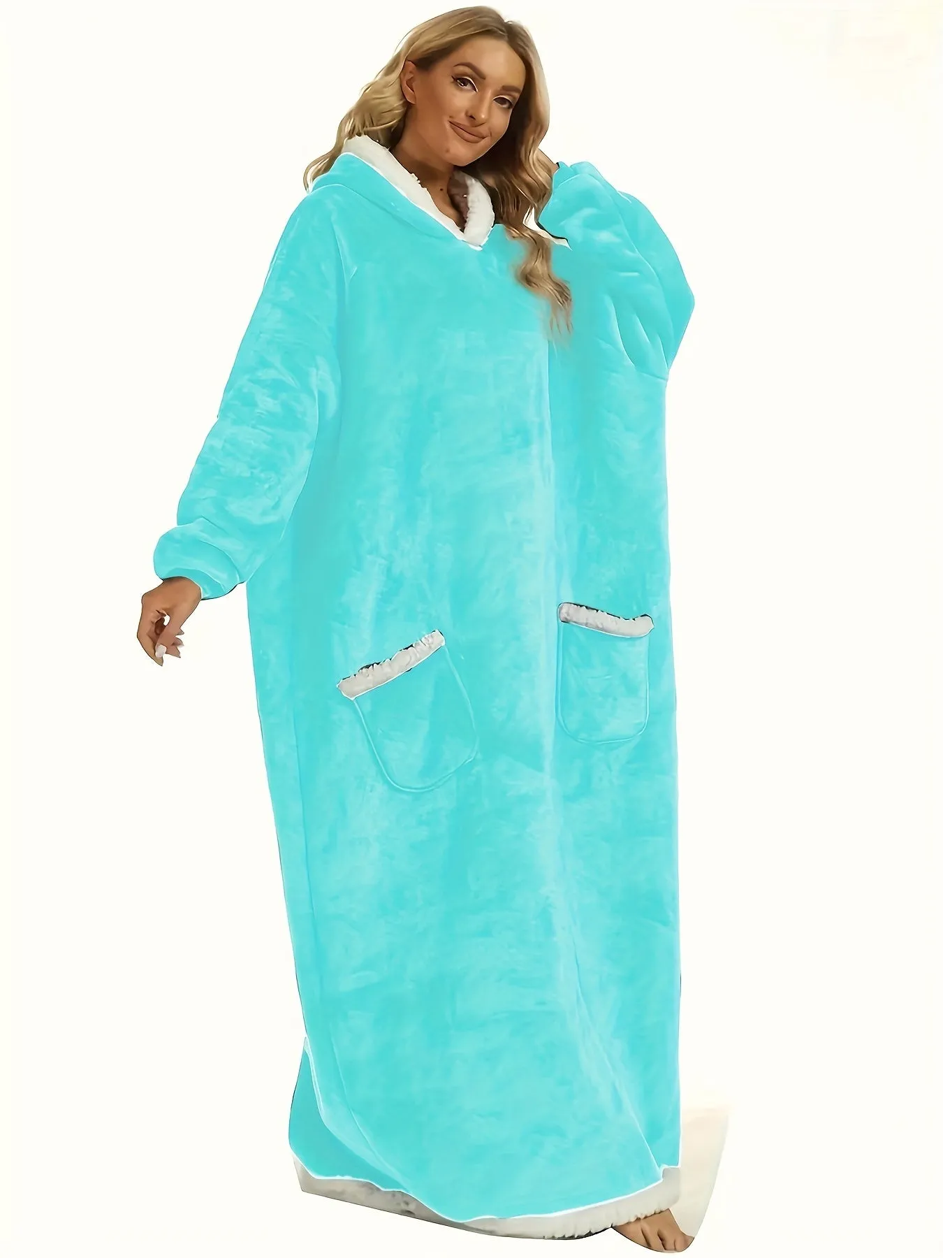 Plus Size Womens Flannel Loungewear Robe - Super Soft Hooded Wearable Blanket with Pockets for Cozy Casual Days