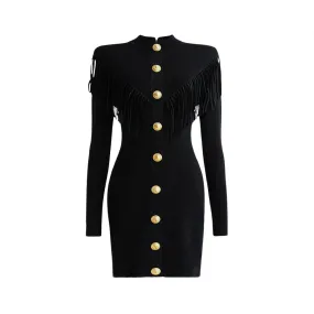 Pre Order: Knitted Round Neck Tassel Slim Fit Long Sleeve Dress