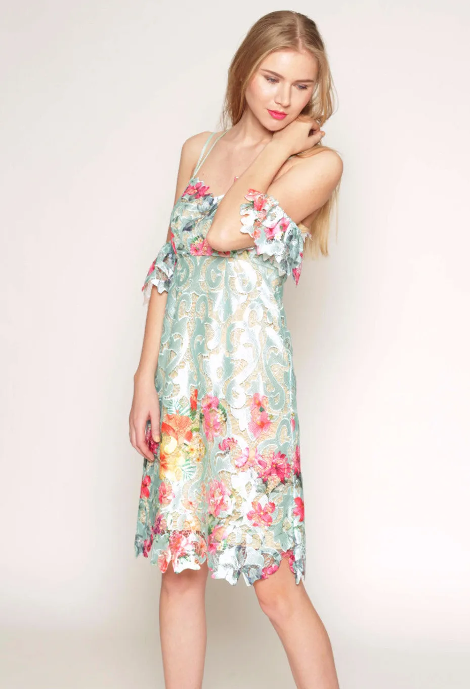 Printed floral lace slip dress with off shoulder sleeves