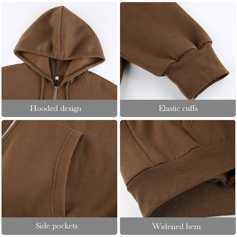 Purpdrank - Brown Zip Up Sweatshirt Winter Jacket Clothes oversize y2k Hoodies Women plus size Vintage Pockets Long Sleeve Pullovers