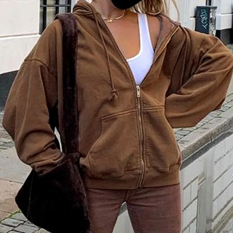 Purpdrank - Brown Zip Up Sweatshirt Winter Jacket Clothes oversize y2k Hoodies Women plus size Vintage Pockets Long Sleeve Pullovers