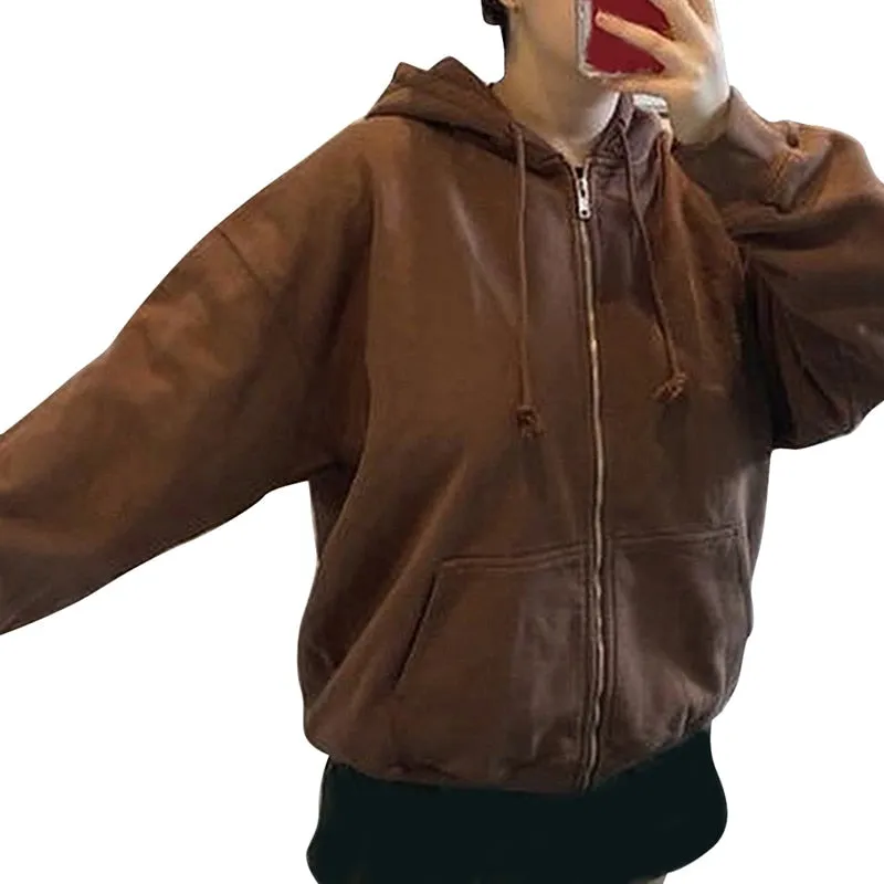 Purpdrank - Brown Zip Up Sweatshirt Winter Jacket Clothes oversize y2k Hoodies Women plus size Vintage Pockets Long Sleeve Pullovers