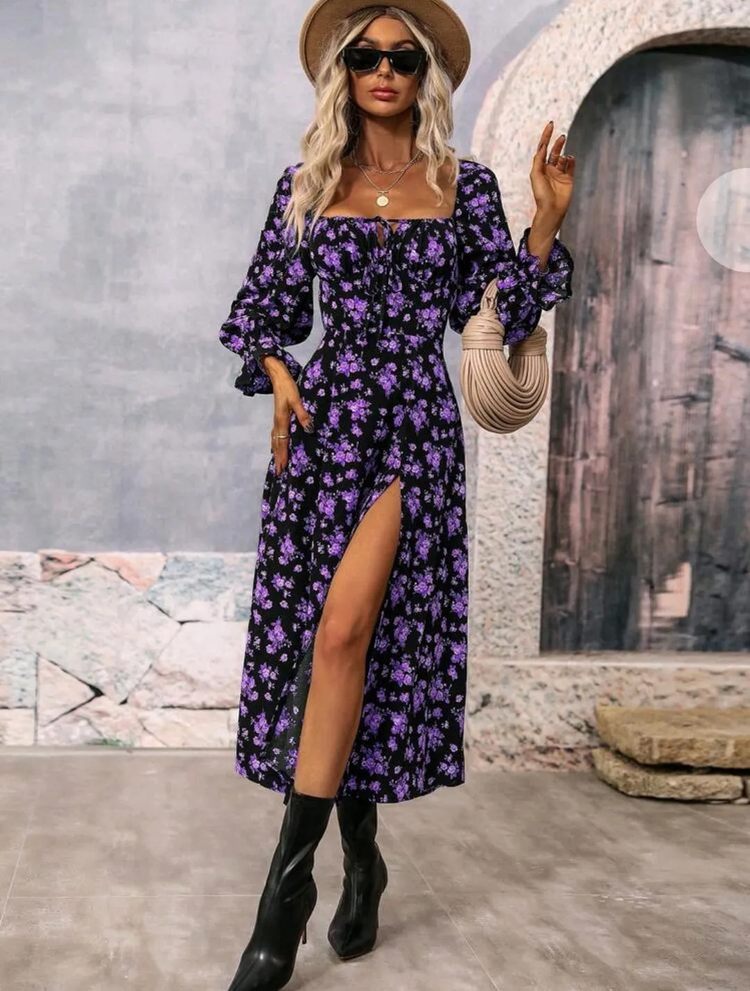 Purple Floral Print Square Neck Slit Dress