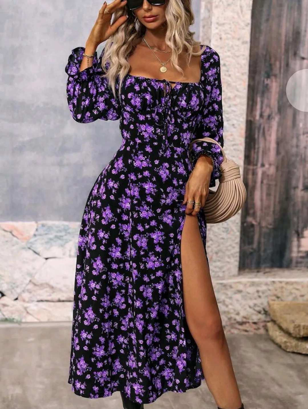 Purple Floral Print Square Neck Slit Dress