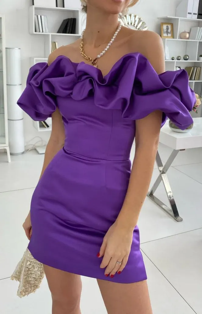 Purple Homecoming Dress, Off the Shoulder Bodycon Homecoming Dresses Satin Maxi Cocktail Dress