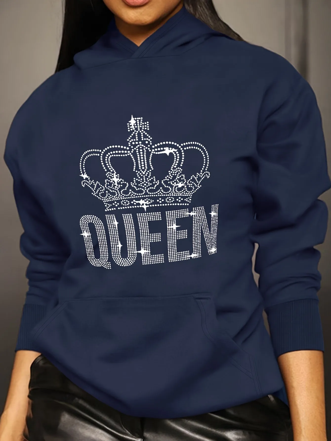 Queen Print Hoodie, Drops Shoulder With Pocket Sweatshirt, Women's Clothings