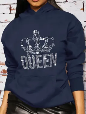 Queen Print Hoodie, Drops Shoulder With Pocket Sweatshirt, Women's Clothings