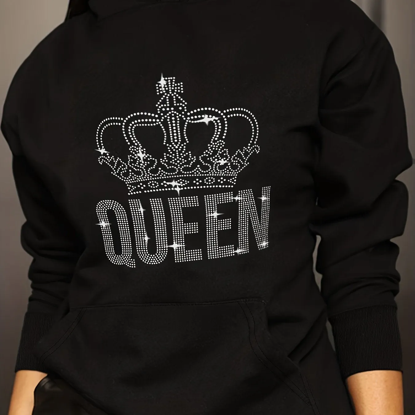 Queen Print Hoodie, Drops Shoulder With Pocket Sweatshirt, Women's Clothings